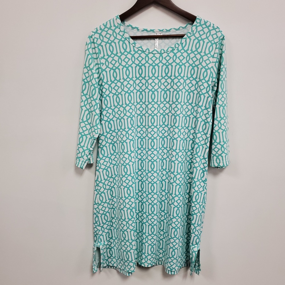 Lulu B Womens Geometric SPF Shift Dress Size L Blue Summer Vacation Beach Travel
